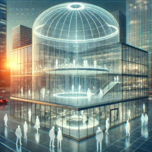 A futuristic glass building glowing with light figures representing designers and collaborators, symbolising the role of designers in safety and innovation both now and for future users.
