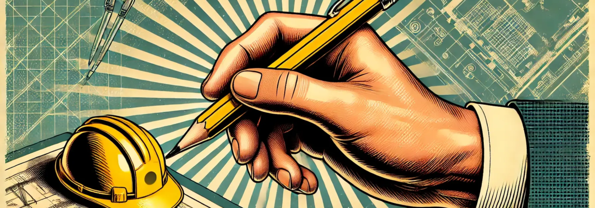 A close-up of a designer’s hand sketching next to a yellow safety helmet on blueprints, symbolising the role of designers in safety.