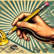 A close-up of a designer’s hand sketching next to a yellow safety helmet on blueprints, symbolising the role of designers in safety.