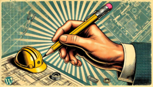 A close-up of a designer’s hand sketching next to a yellow safety helmet on blueprints, symbolising the role of designers in safety.