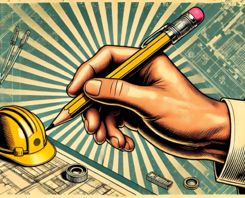 A close-up of a designer’s hand sketching next to a yellow safety helmet on blueprints, symbolising the role of designers in safety.