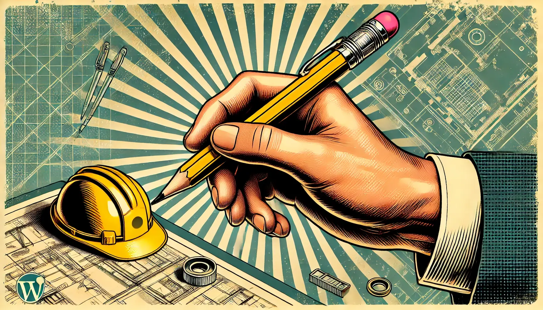 A close-up of a designer’s hand sketching next to a yellow safety helmet on blueprints, symbolising the role of designers in safety.