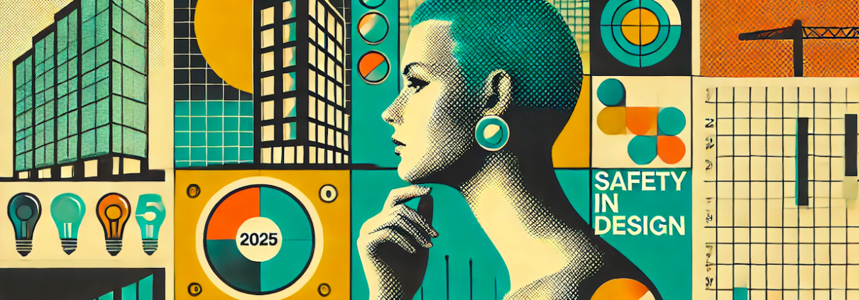 Illustrated graphic showing architectural forms, design diagrams and a reflective figure representing Safety in Design thinking and progress in 2025.