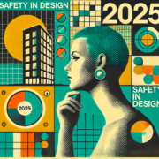 Illustrated graphic showing architectural forms, design diagrams and a reflective figure representing Safety in Design thinking and progress in 2025.