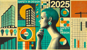 Illustrated graphic showing architectural forms, design diagrams and a reflective figure representing Safety in Design thinking and progress in 2025.