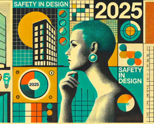 Illustrated graphic showing architectural forms, design diagrams and a reflective figure representing Safety in Design thinking and progress in 2025.