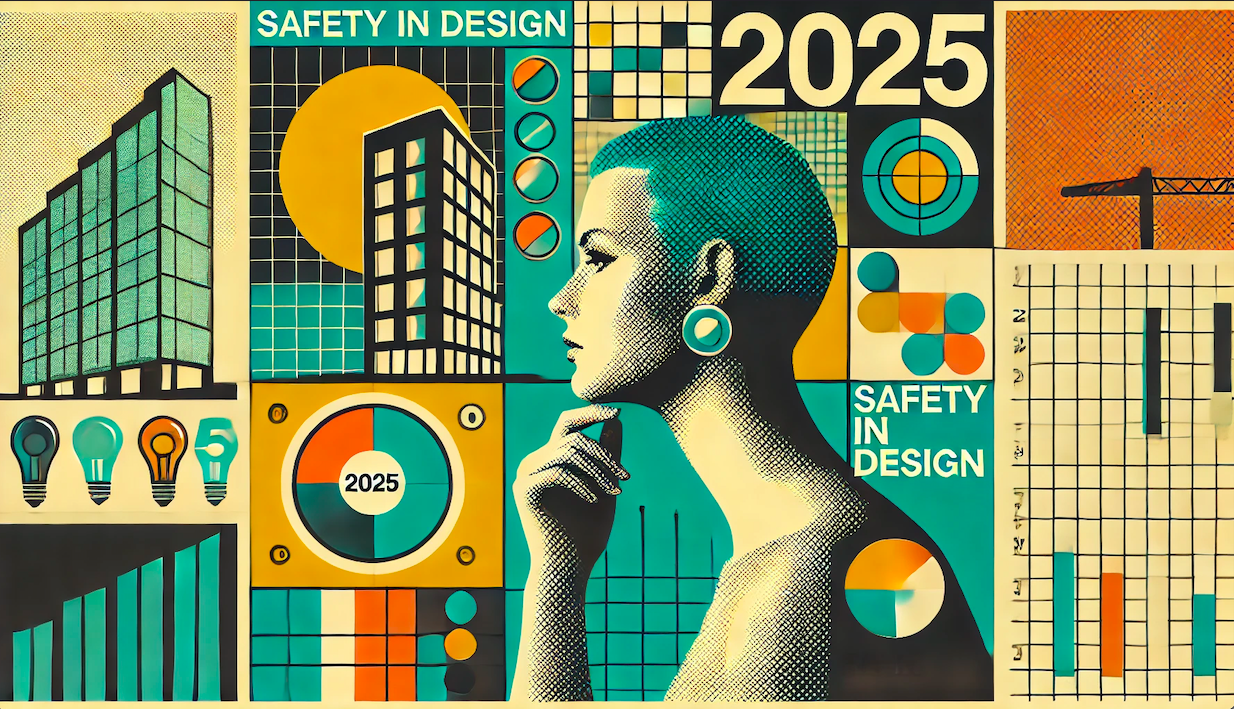 Illustrated graphic showing architectural forms, design diagrams and a reflective figure representing Safety in Design thinking and progress in 2025.