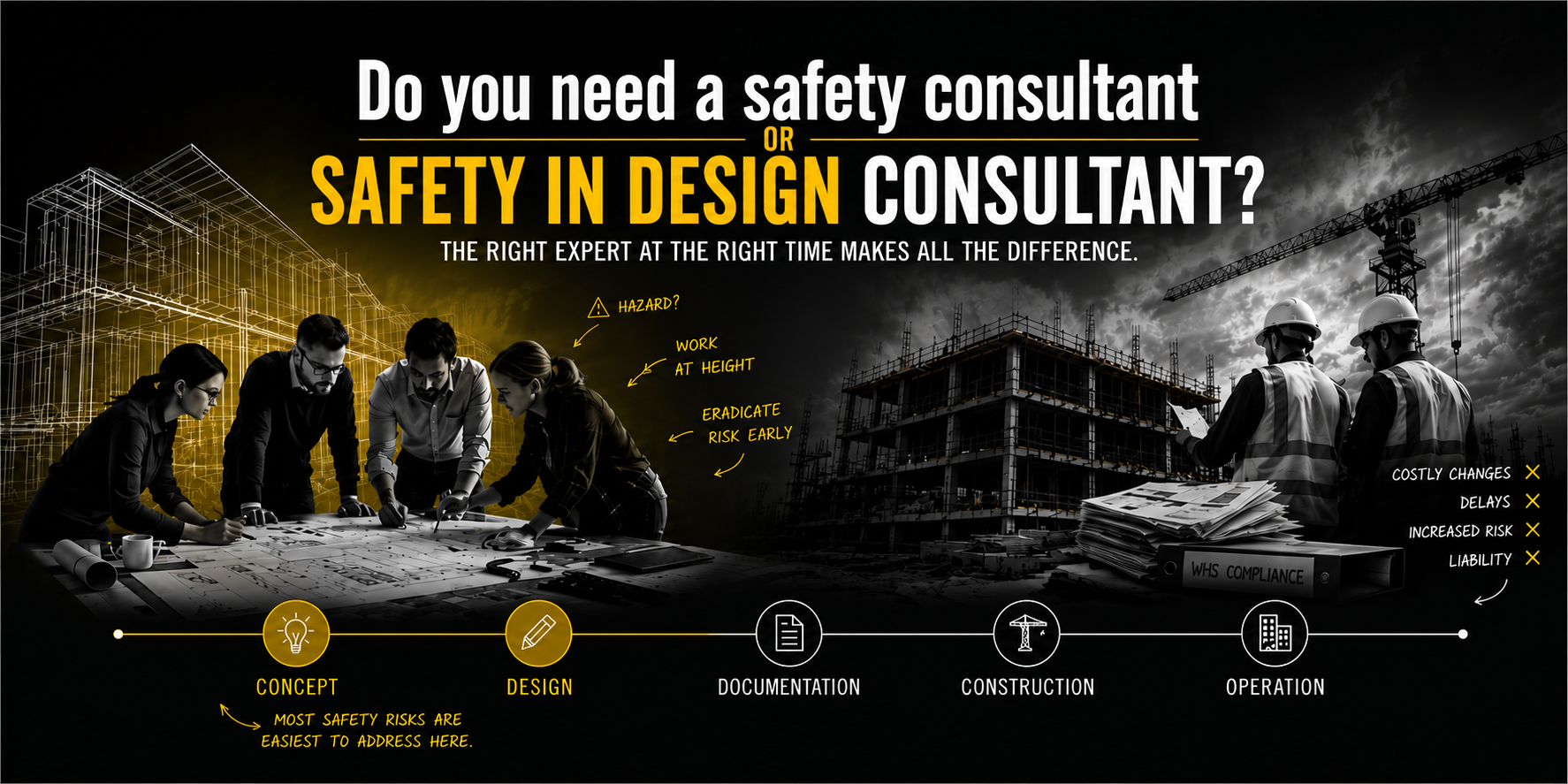 Safety consultant vs Safety in Design consultant: design-phase risk identification compared with construction-phase WHS management across the project lifecycle