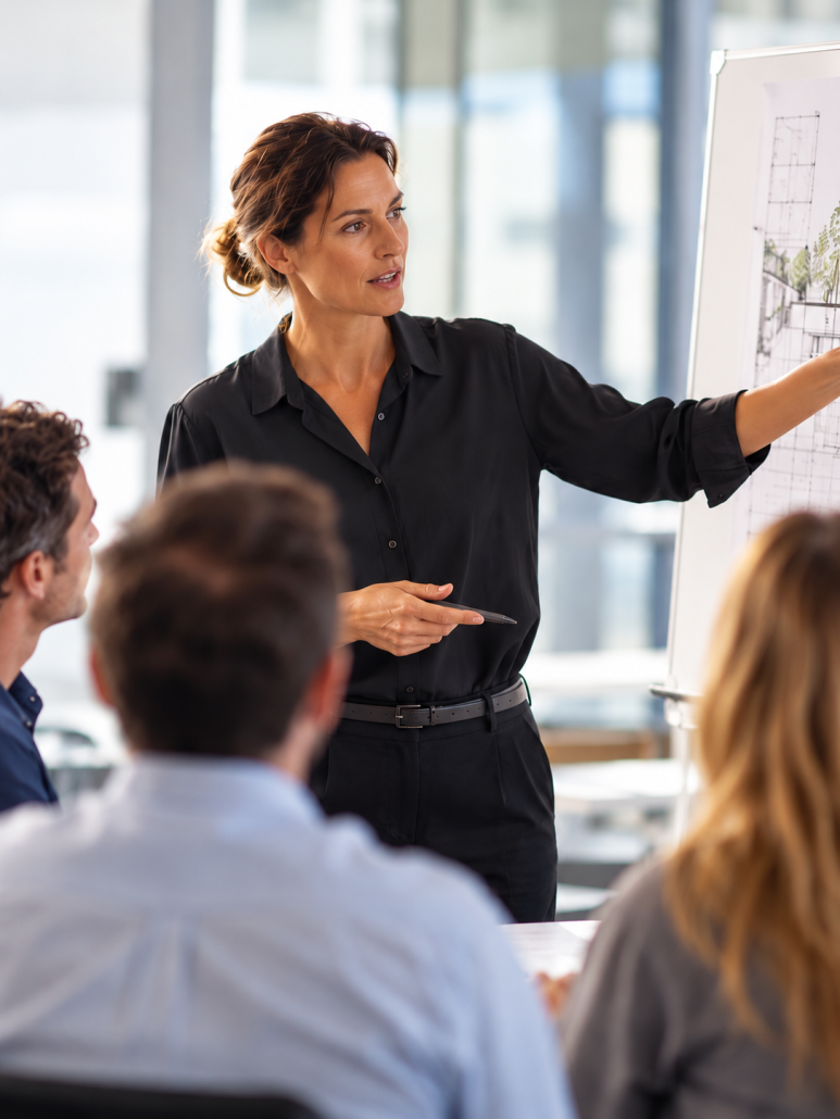 SID consultant presenting an architectural design plan to a group of professionals during a Safety in Design workshop.