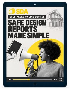 Tablet displaying Safe Design Reports Made Simple, a self-paced online course on preparing Safety in Design reports.