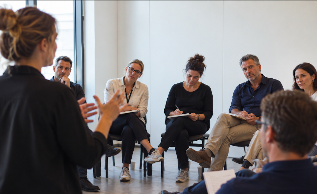 Safety in Design workshop with participants seated in a semicircle, discussing project risks with a facilitator.