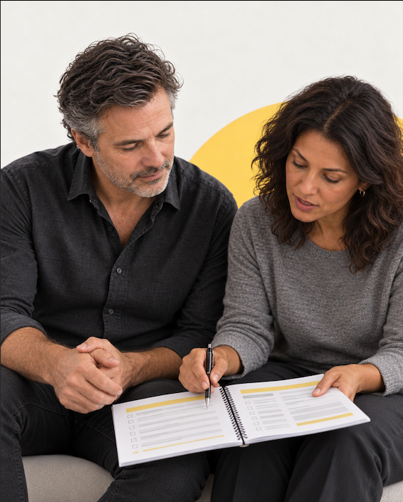Alt Text: Consultant pointing to a checklist in an open manual while discussing it with a client. Title: WHS & Safety in Design Consulting Support