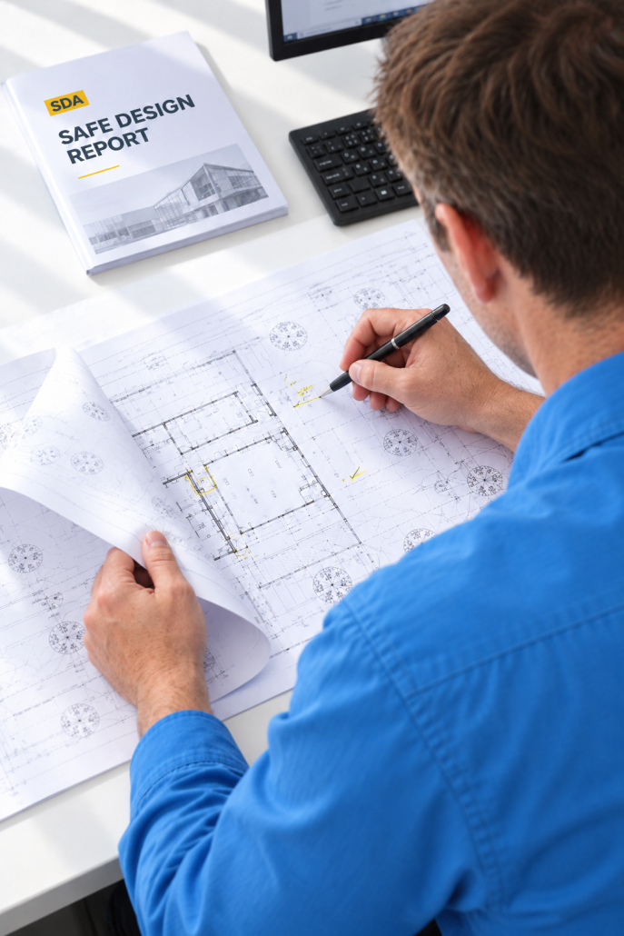 Consultant in a blue shirt reviewing architectural plans beside a Safe Design Report.