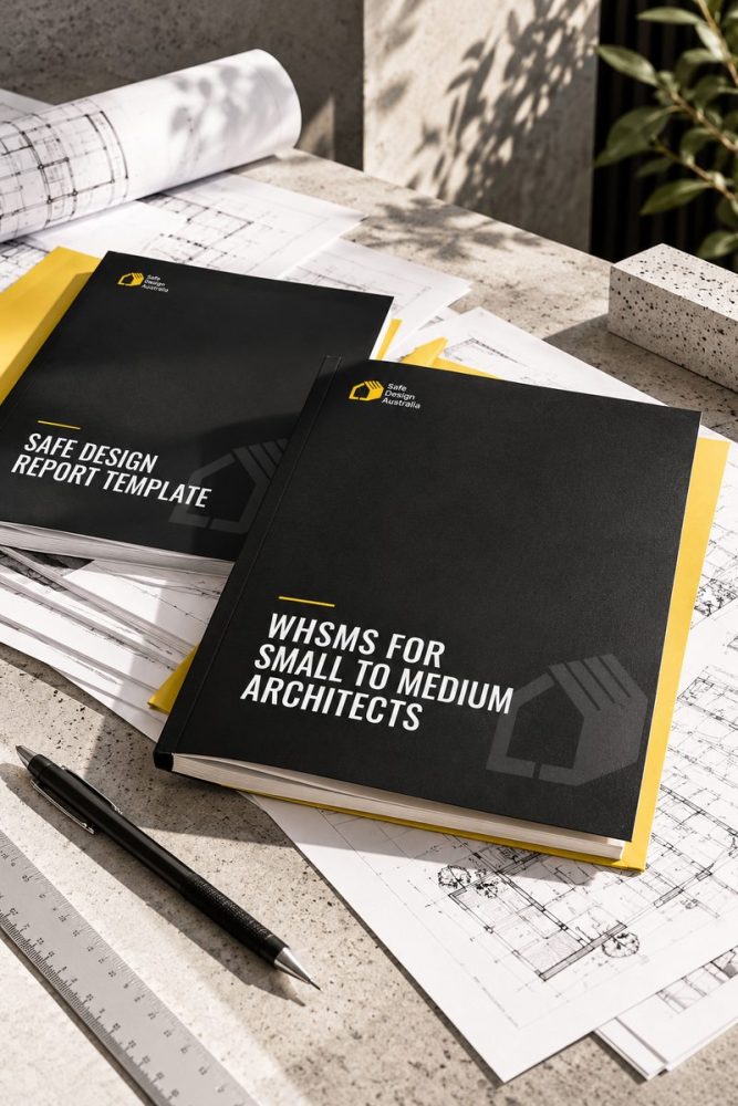 Safe Design report template and WHSMS for small to medium architects displayed on architectural plans